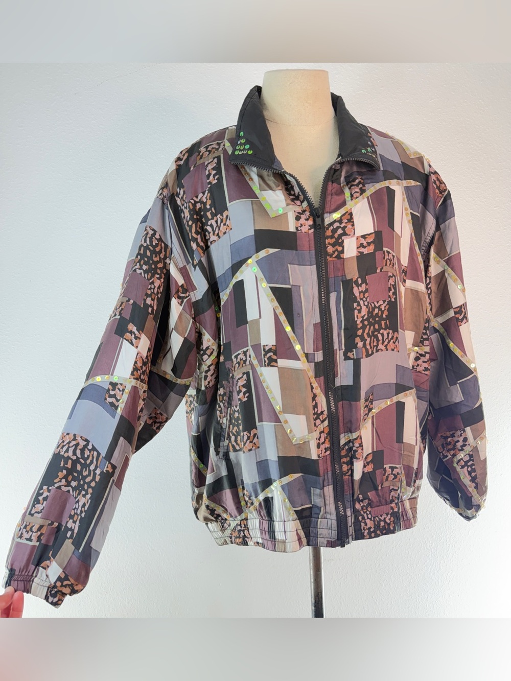 VTG Cervelle Abstract Silk Bomber Jacket Sequin Multicolor Geometric Retro 80s